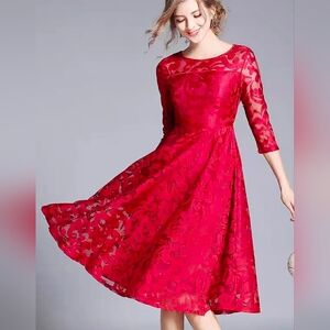 Size 6 Lace Red  Tea Length Dress